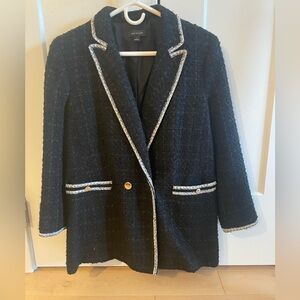 Ann Taylor Black Tweed Coat with White Trim sz L